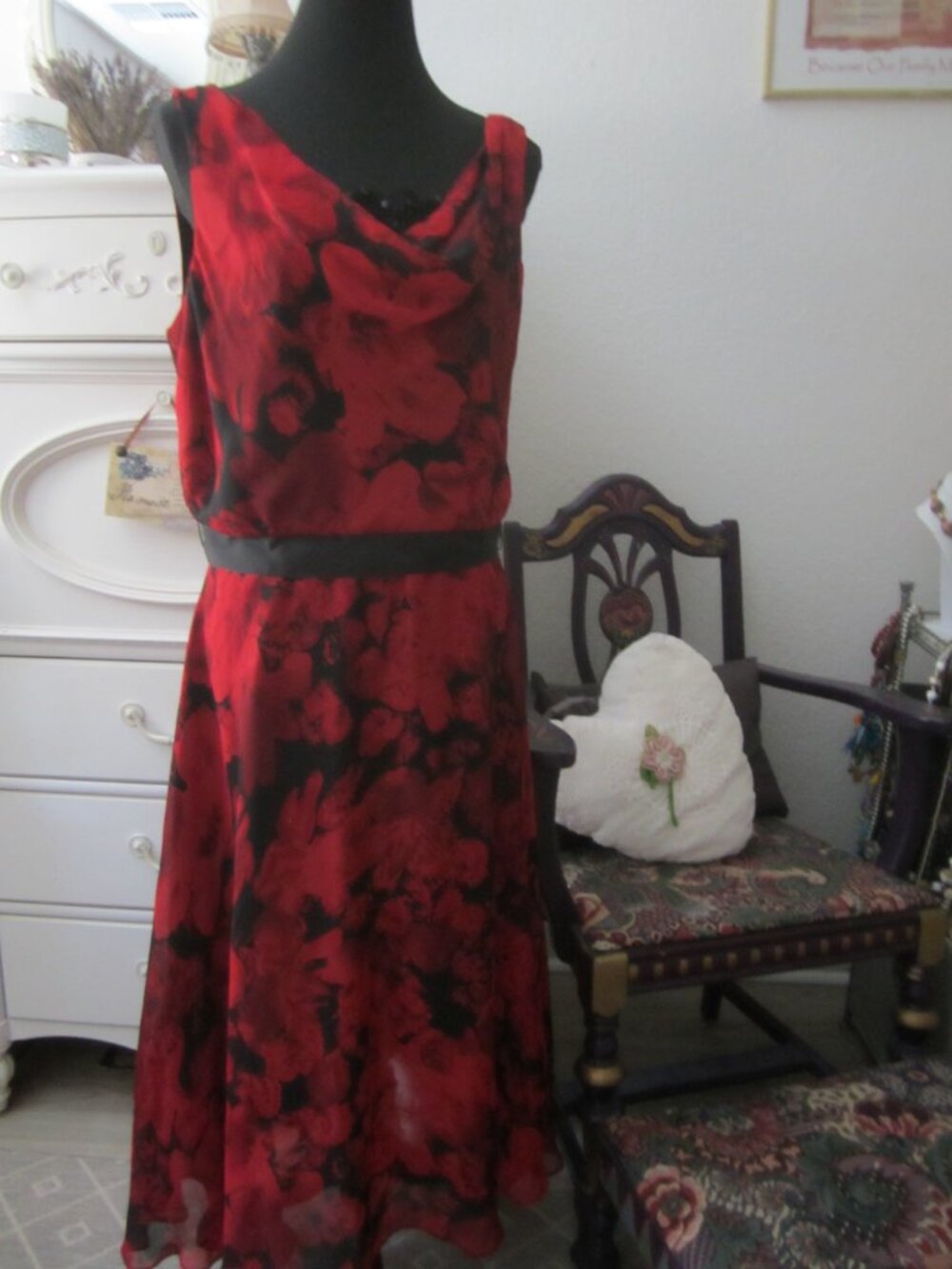 Coldwater Creek - Red and Black Rose Print Sleeveless Sheer Dress - Size 14